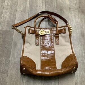 Michael Kors Hamilton Croc‎ Leather Center Stripe Keylock Satchel Tote Bag Purse